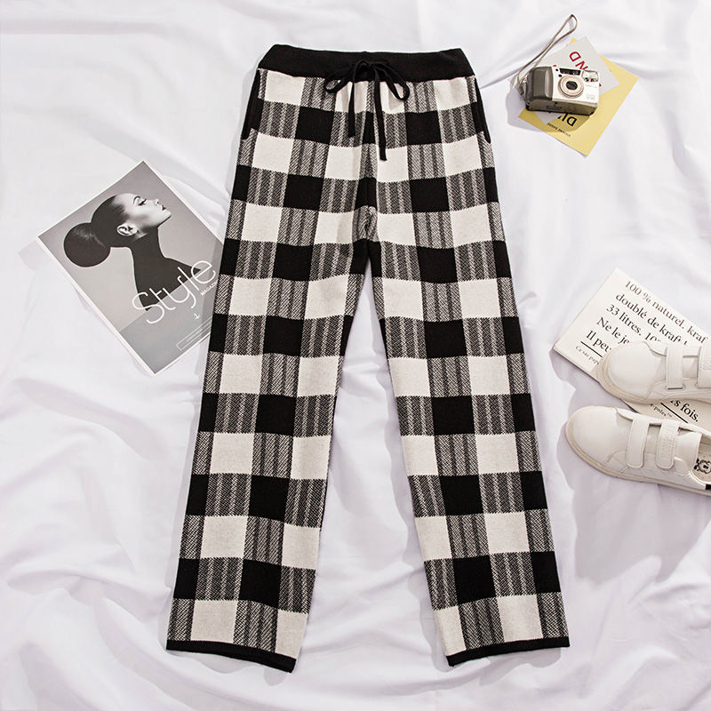 Nomikuma Autumn Wnter Thicken Knitted Pants Korean Black White Plaid Sweater Trousers Causal Lace Up Waist Anke Pants 6C979 210427