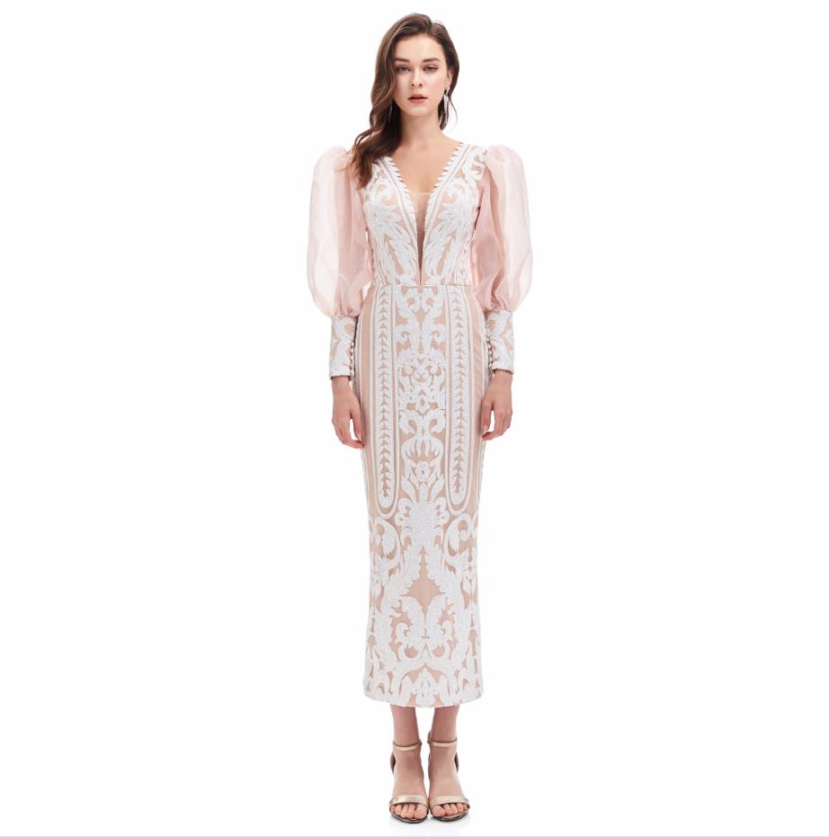 Tea-length Long Sleeve Prom Dresses Real Image Applique Sequins V-neck Burgundy Pink Evening Cocktail Dress in Stock