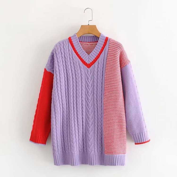 H.SA Women Winter Sweater Pullovers V neck Patchwork Purple Haraju Jumpers Oversized Knit Loose Knitwear Twisted Winter Sweaters 210716