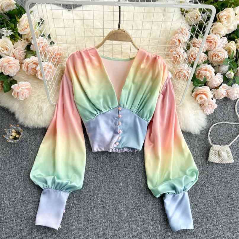 Ins Fashion Rainbow Gradient Color Crop Top Spring Women's Blouse Shirt Deep V-neck Long Puff Sleeve Slim Summer Blusas 210603, Yellow
Ins Fashion Rainbow Gradient Color Crop Top Spring Women's Blouse Shirt Deep V-neck Long Puff Sleeve Slim Summer Blusas 210603, Yellow