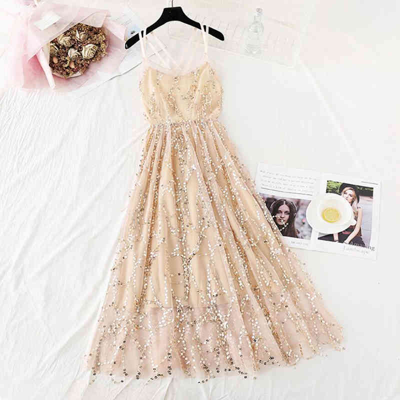 Summer Women Sequins Mesh Spaghetti Strap Dress Sleeveless V Neck Open Back Sexy Lace Dress Female Sweet Sling Tulle Long Dress 210521