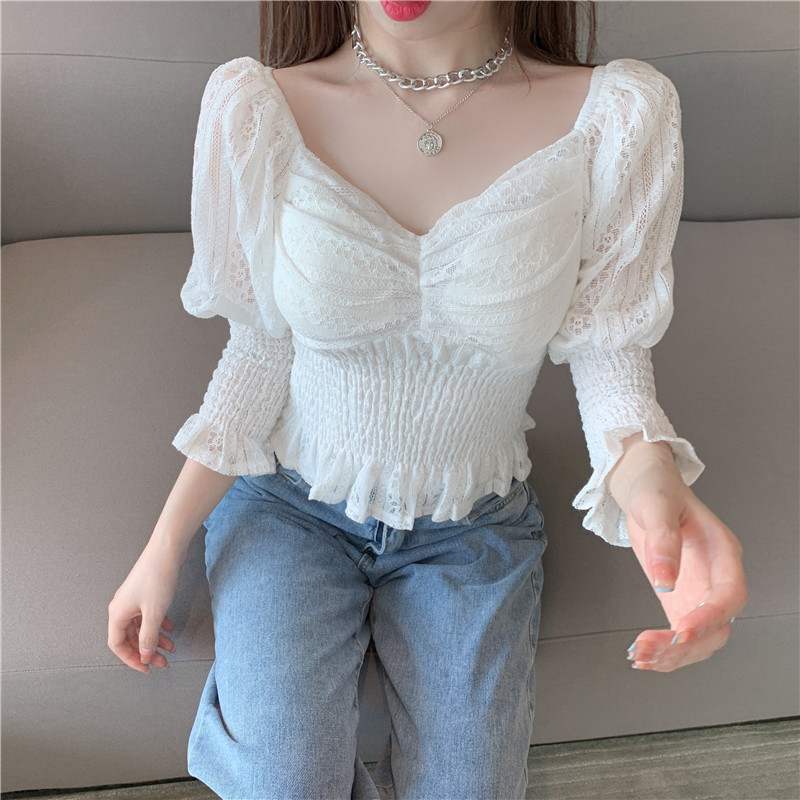 Women Long Sleeve Lace Shirt Square Collar Hollow Out Ruffled Tops Fashion Blouses Ropa Mujer 12966 210427