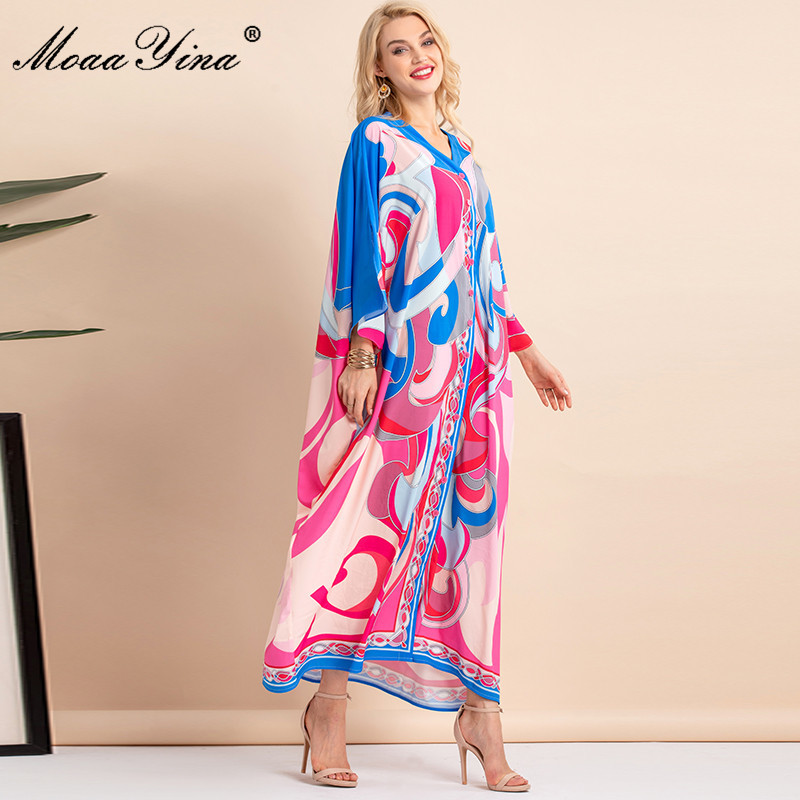 Bohemian Women's Summer Printed Single-breasted Batwing Sleeve V-Neck Loose Floor Long Length Kafatan Dress 210524