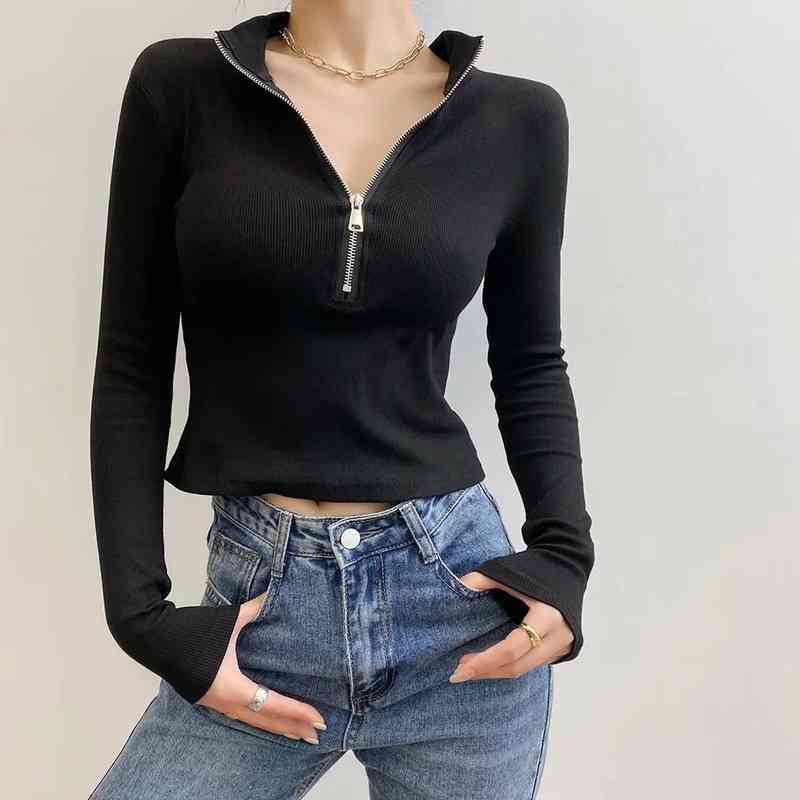 Nomikuma New Slim Long Sleeve T-shirts Korean Zipper Stand Neck Shirts for Woman Sexy Solid Basic Graphic Tees Shirt 6G922 210427