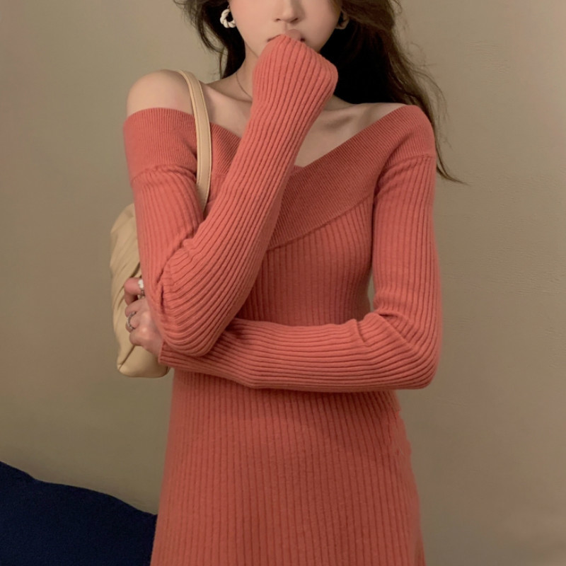 Winter Knitted Dress Korean Casual Long Sleeve Office Sweater Dress Female Solid Slim Elegant Knitted Dress Women 210521