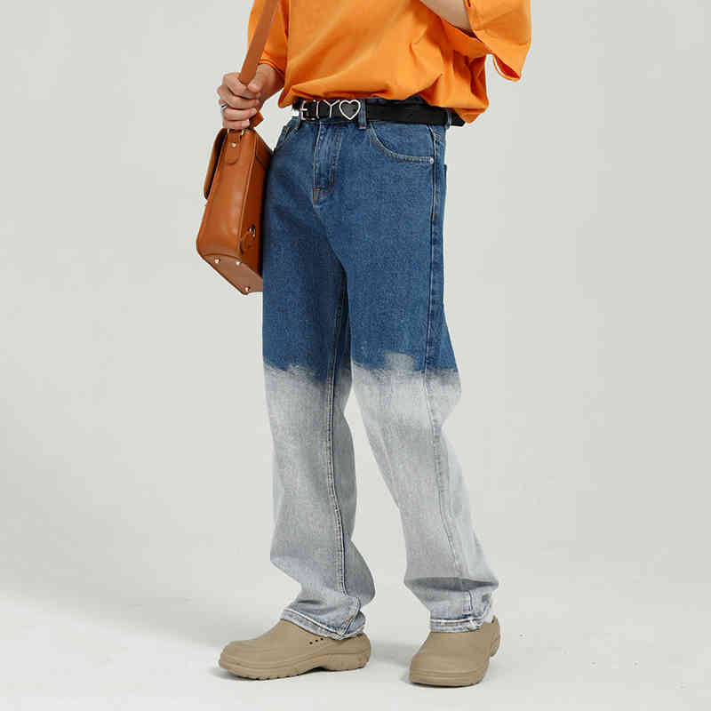 IEFB Korean Trend Gradual Color Straight Denim Trousers Loose Casual Contrast Color Patchwork Jeans Men Spring 9Y7091 210524