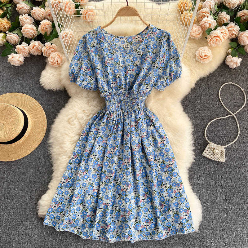 DEAT Women Printing Beach Vacation Dress Round Neck Puff Sleeve Arrivals Lady Fashion Temperament Spring Summer 11D564 210709