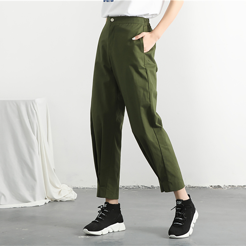 Army Green trousers women's summer high waist thin loose pencil cargo ankle-length pants female fashion 210427