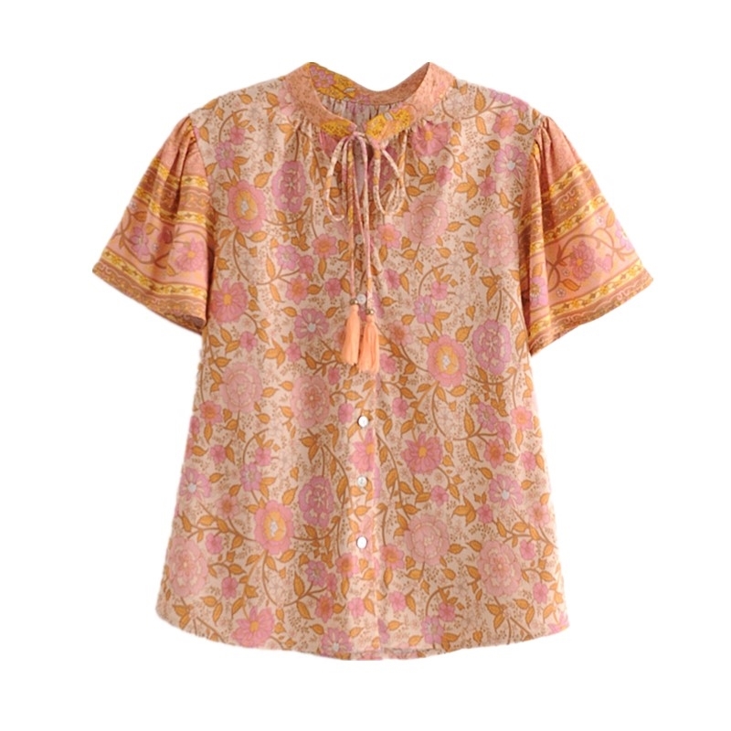 Bohemian Tassel Lacing up Collar Orange Floral Print Short Sleeve Shirt Ethnic Women Single-breasted Buttons Blouse Tops 210429