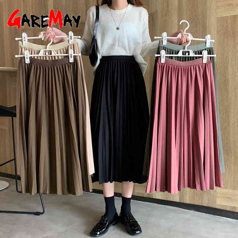 Women's winter skirts midi Long Vintage Warm black pleated female korean autumn high waist 210428