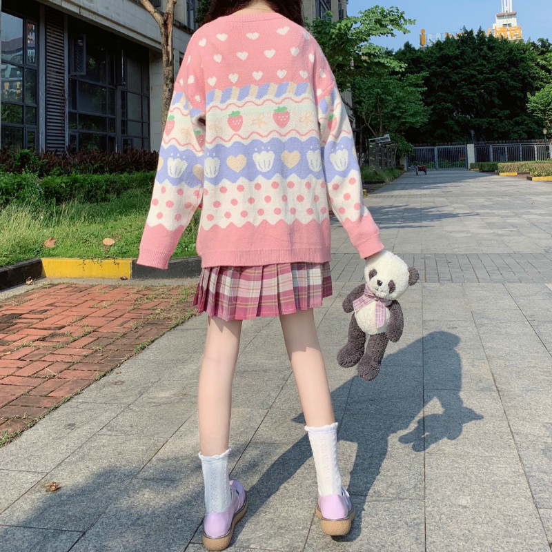 Harajuku Fashion Cute Cartoon Sweater Women Strawberry Jacquard Pattern Kawaii Pink Knitted Autumn Winter Jumper 210519