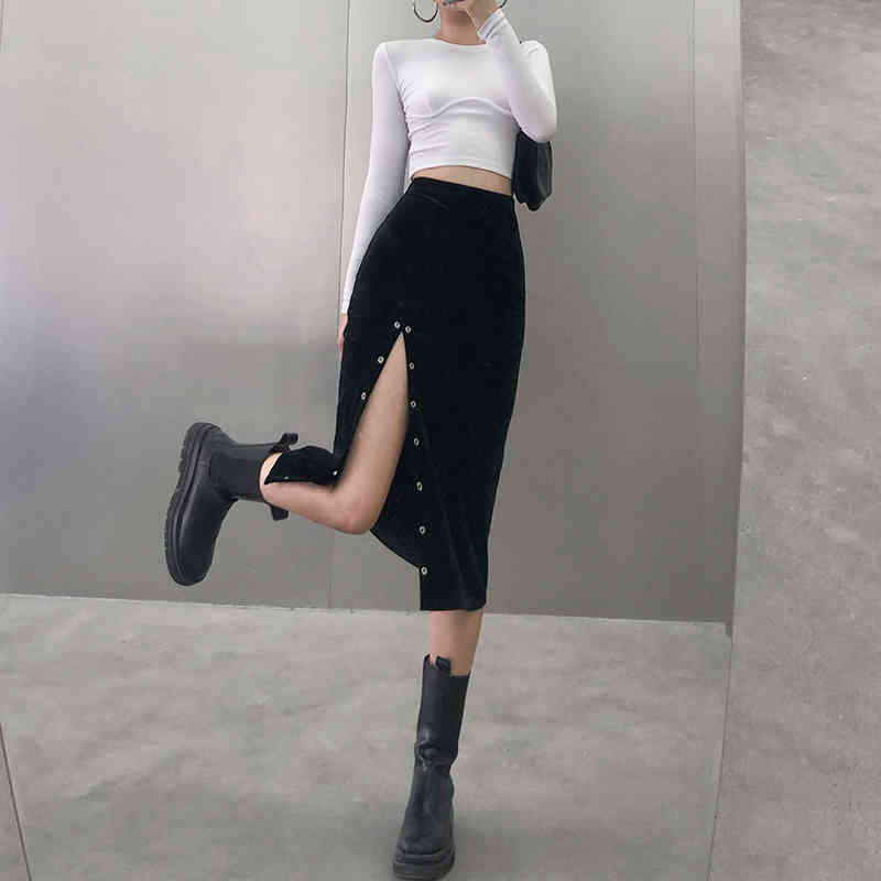 Fashion Bodycon Skirt Women Stretchable Split Mid Calf Slim Pencil s For Female Knit 210524