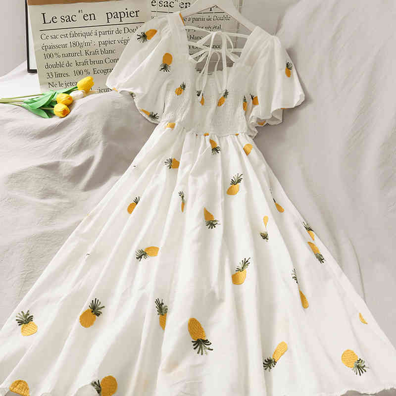 Summer A-line Sweet Floral Dress Women Short Puff Sleeve Maxi White Square Collar Beach Party es 14547 210506