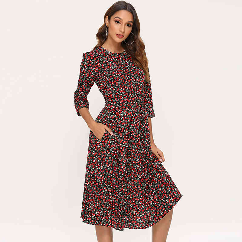 Women A Line Elegant Dress Floral Print Midi Three Quarter Sleeve O-neck Party Ladeis es Vestidos 210508
