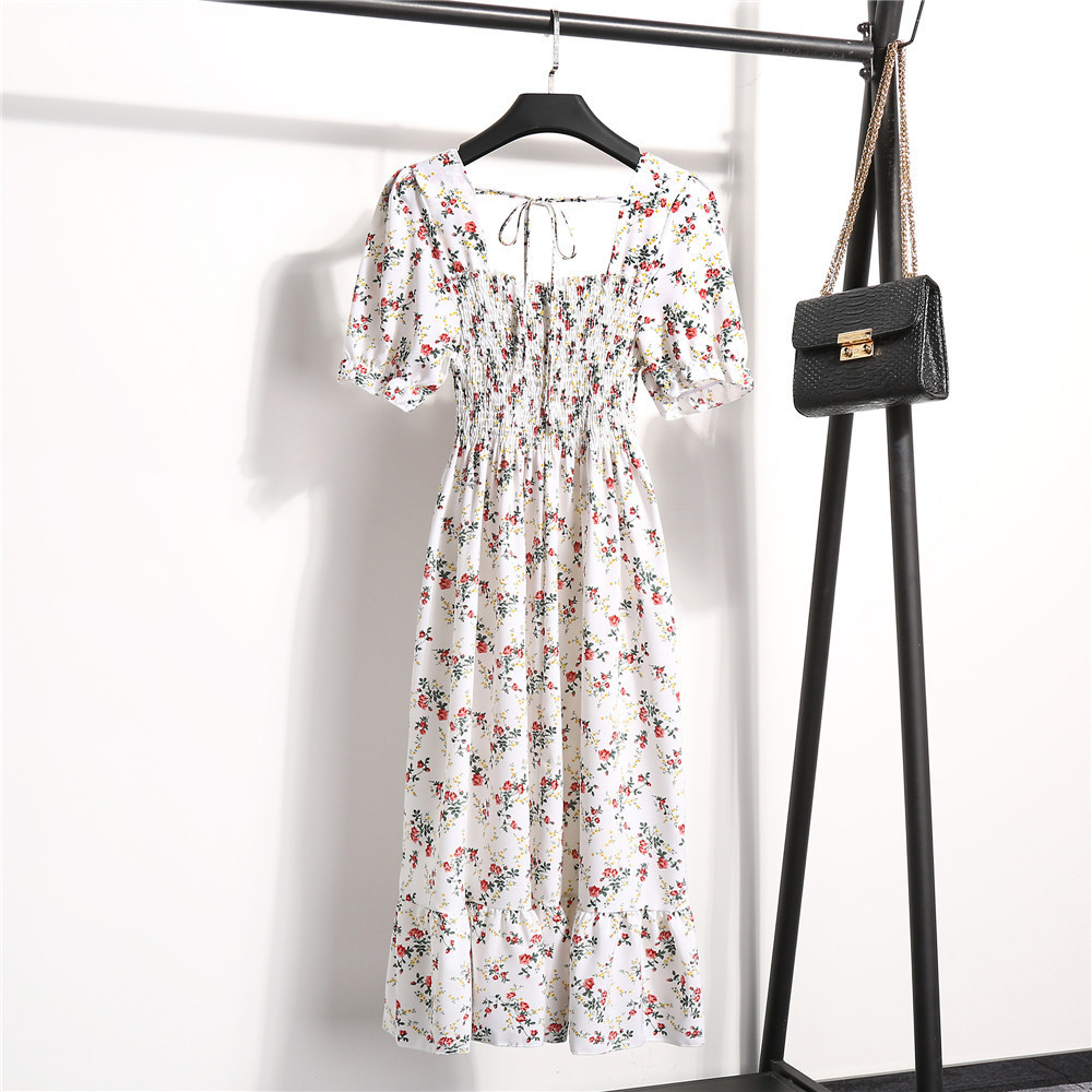 Women's High Waist Pleated Floral Printed Dresses Summer Short Sleeve Square Collar Midi Dress Female Backless Vestidos 210522