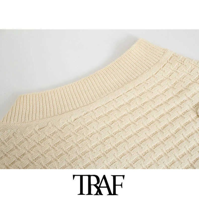 TRAF Women Fashion Oversized Knitted Vest Sweater Vintage Lapel Collar Sleeveless Female Waistcoat Chic Tops 210819