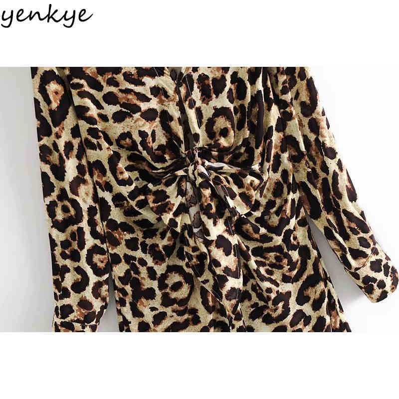 YENKYE Fashion Women Front knot Sexy Leopard Dress Female Lapel Collar Long Sleeve Casual Dress Spring Plus Size Mini Robe 210515