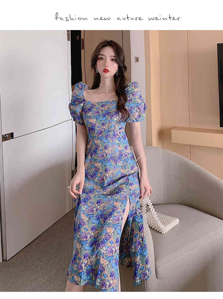 French Vintage Floral Dress Summer Puff Sleeve Women Square Collar Sexy Split Casual Ladies Party 210519