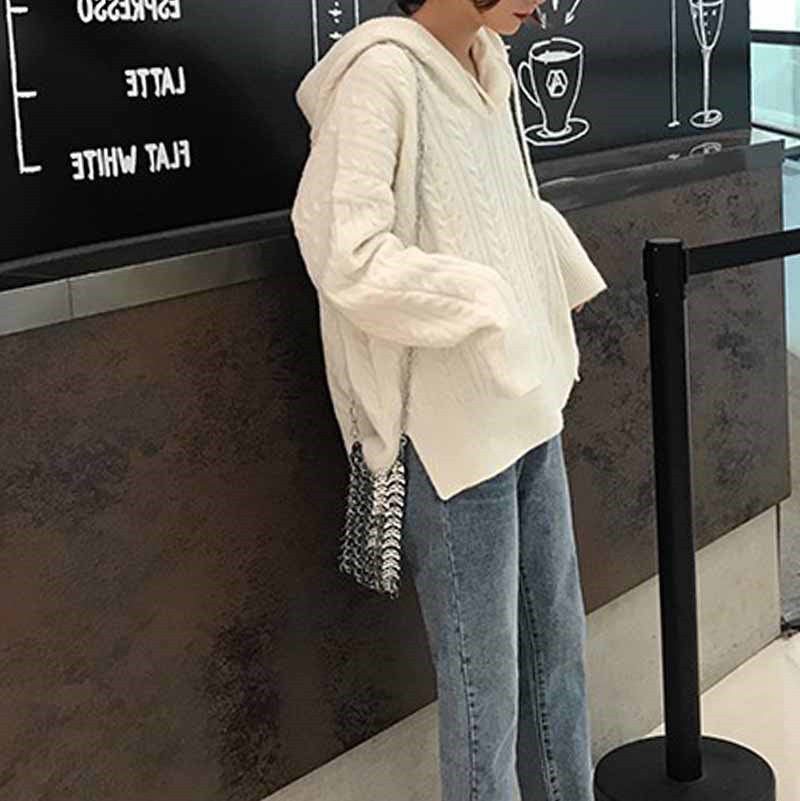 Wohern Korean Fashion Ladies Hooded Sweater Women Knitting White Sweaters Casual Pullover and Jumper Loose Knitwear Autumn 210519