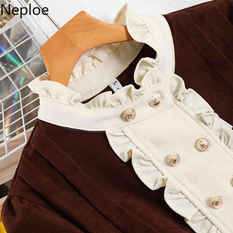 Neploe Stand Neck Dress Woman Dresses Slim Waist Temperament Vestidos Fall Clothes Robe Ruffles Midi Bandage Dresses Women 210422