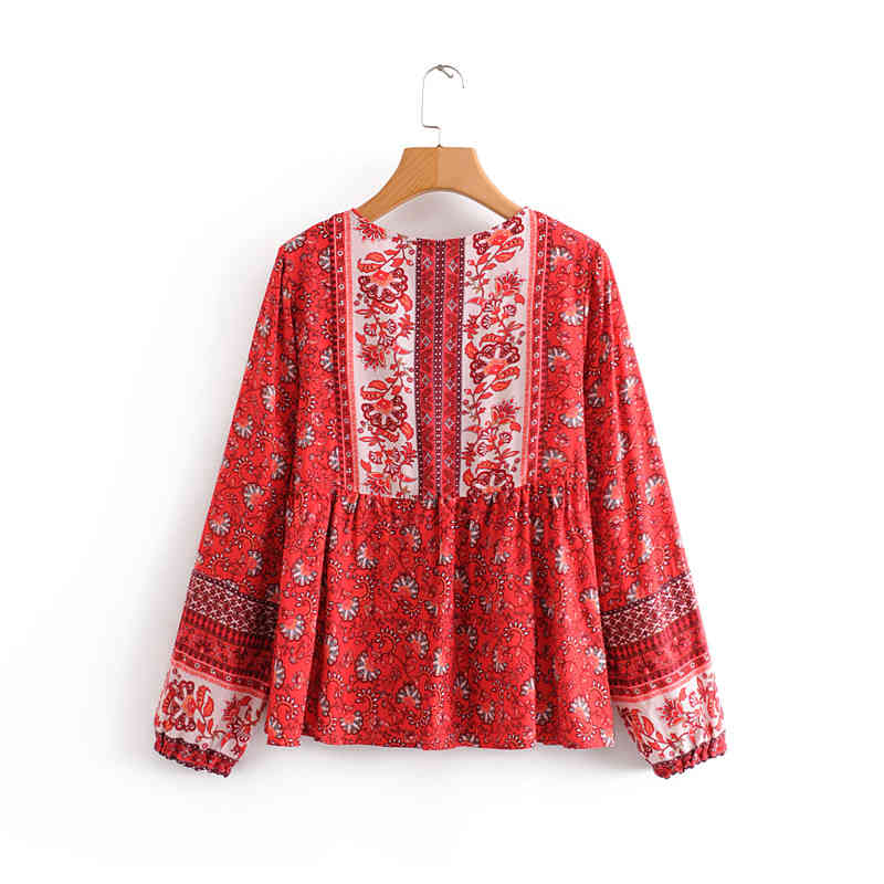 Chu Sau beauty Boho Floral Print Blouses Women Holiday Style Fashion Long Sleeve Shirts Female Camisa De Moda 210508
