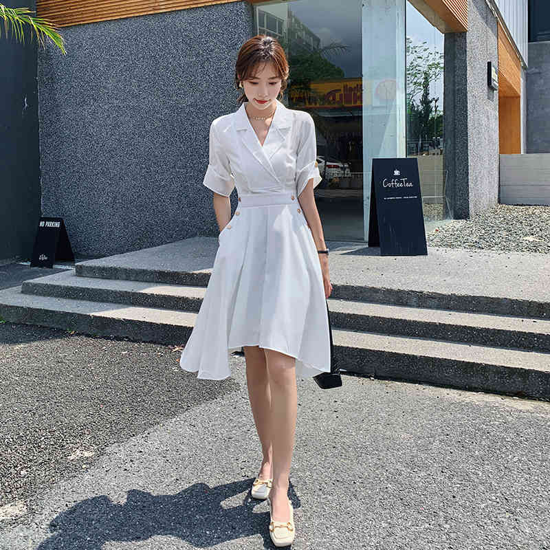 Summer Women Dresses Fashion Vintage Notched Collar Office OL High Waist Irregular Casual White Chic Dress Robe 210519