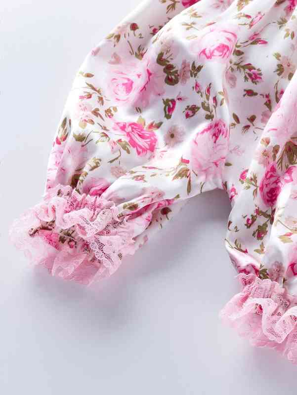 Baby Girl Allover Floral Shirred Satin Romper & Headband SHE