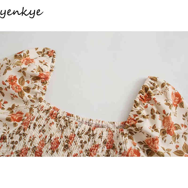 Holiday Summer Dress Women Vintage Floral Print Chiffon Female Puff Sleeve Sexy Hem Slits Midi A-line Vestido 210430