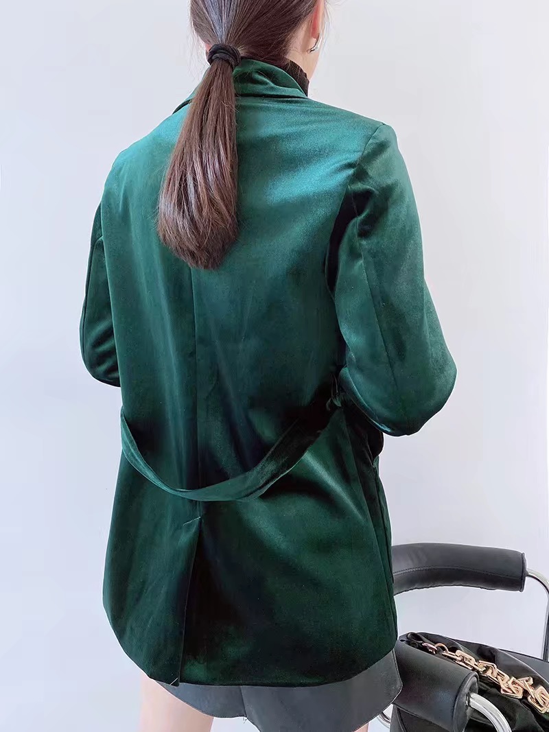 Autumn Winter Tie Bow Velvet Blazer CHIC Women Velour Mid Long Office Lady Suit OL Coat Outwear 210429