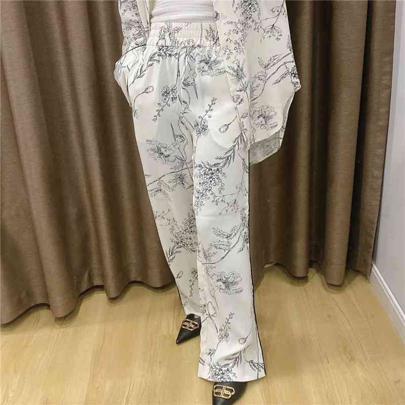 Causal Women Sketch Print Pants Fashion Ladies White Satin Straight Trousers Streetwear Female Chic Pocket 210527