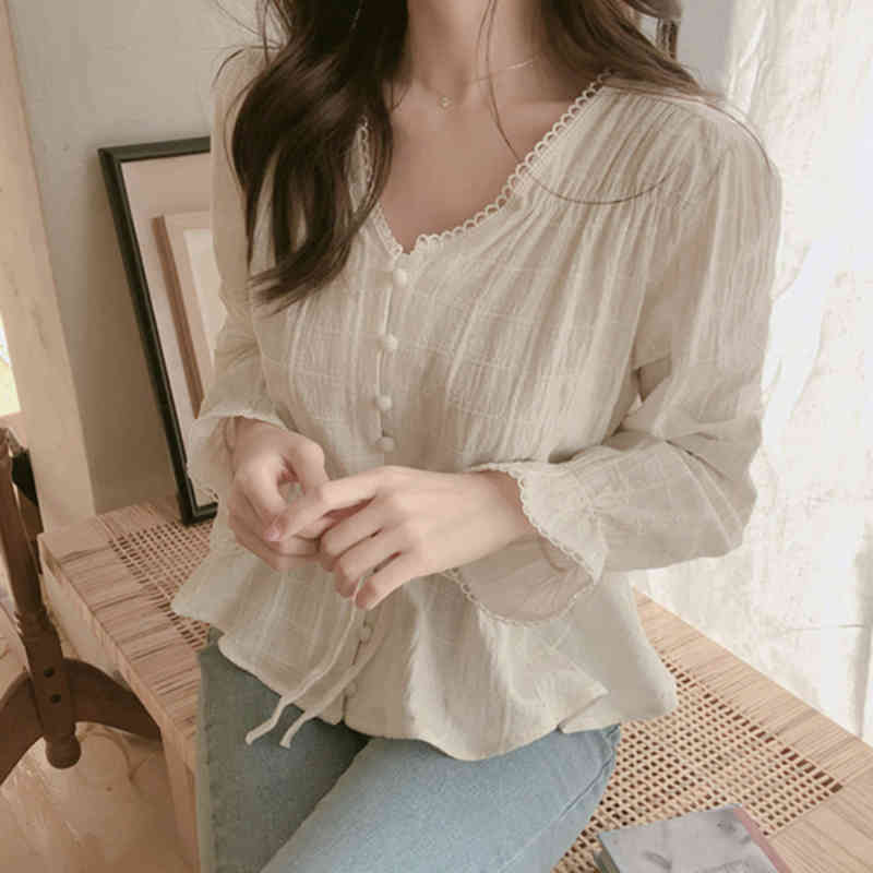 Arrival Autumn Korea Fashion Slime Sleeve Single-breasted Female Tops Women Cotton Blouse Shirts S52 210512