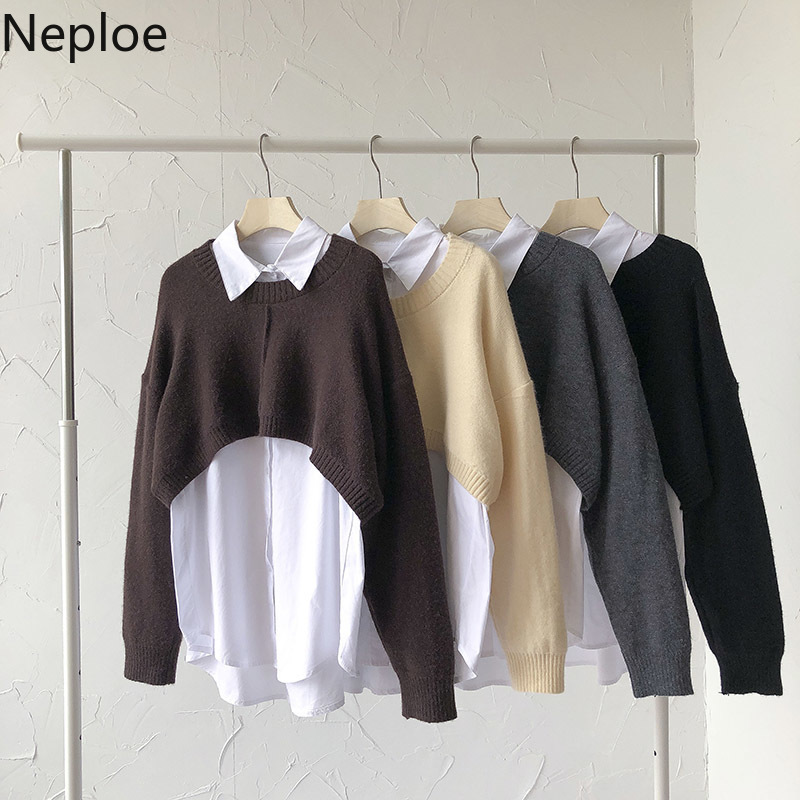 Neploe Korean Fashion Suit Two Piece Outfits for Women Knitted Cropped Sweater Loose White Shirt Tops Casual 2 Piece Set 210422
