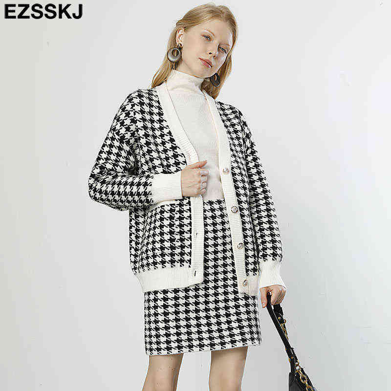 white black thick Houndstooth sweater cardigans jacket ladies women thick sweater coat v-neck cardigan jacket coat outwear 211117