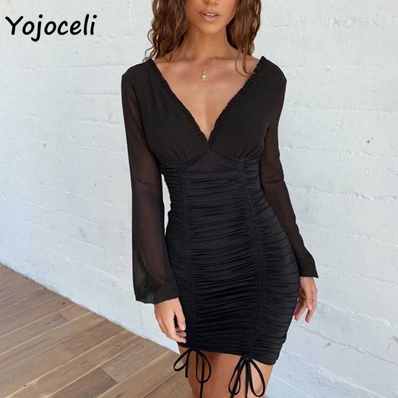 Yojoceli sexy v neck party club dres long sleeve ruffle bodycon mini female vestidos 210609