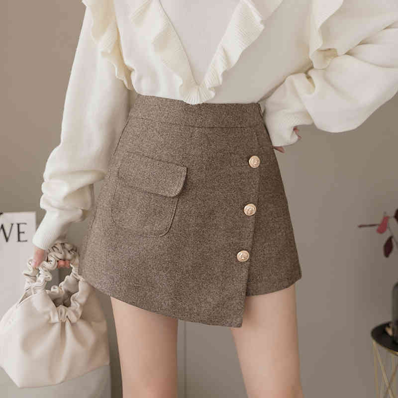 short feminino autumn and winter casual button skirt irregular Thin High Waist women's wool pants 7634 50 210427