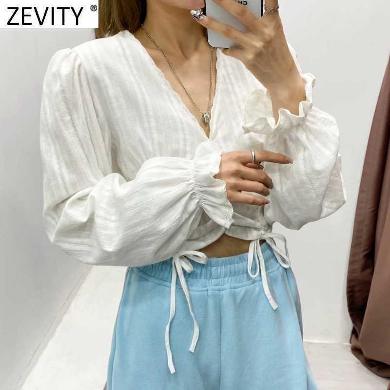 Zevity French Women V Neck Solid Short Smock Blouse Femme Lantern Sleeve Ruffles Casual Shirt Chic Slim Blusas Crop Tops LS9328 210603