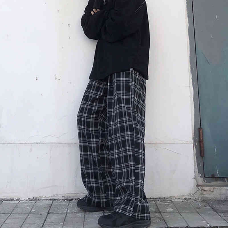 IEFB /Korea Trend Men And Women Clothes spring Fashion All-match Casual Pants Loose Plaid Wide Leg Pants Trousers 9Y357 210524