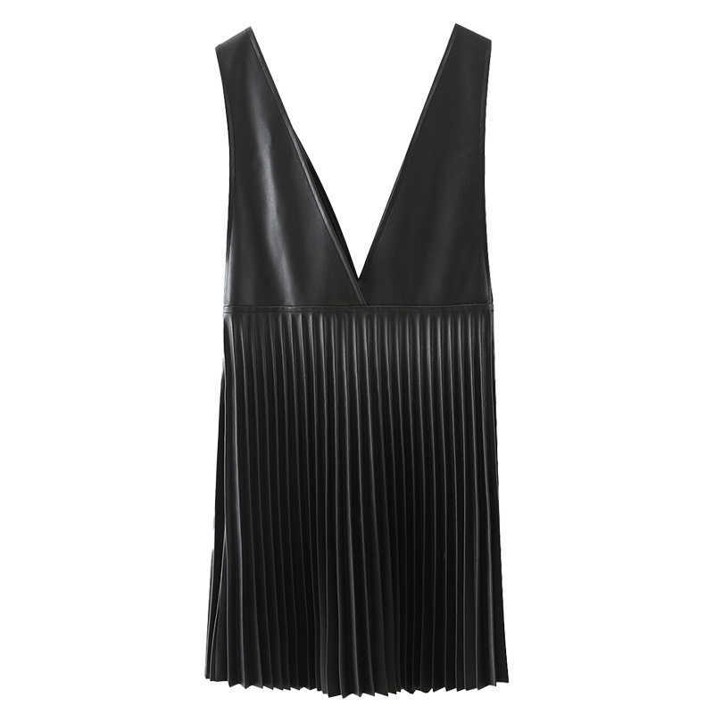 Women Dress PU Pleated V-neck Straps Short Punk Fashion Chic Woman Dress Femme Robe Ropa Mujer Vestidos 210709