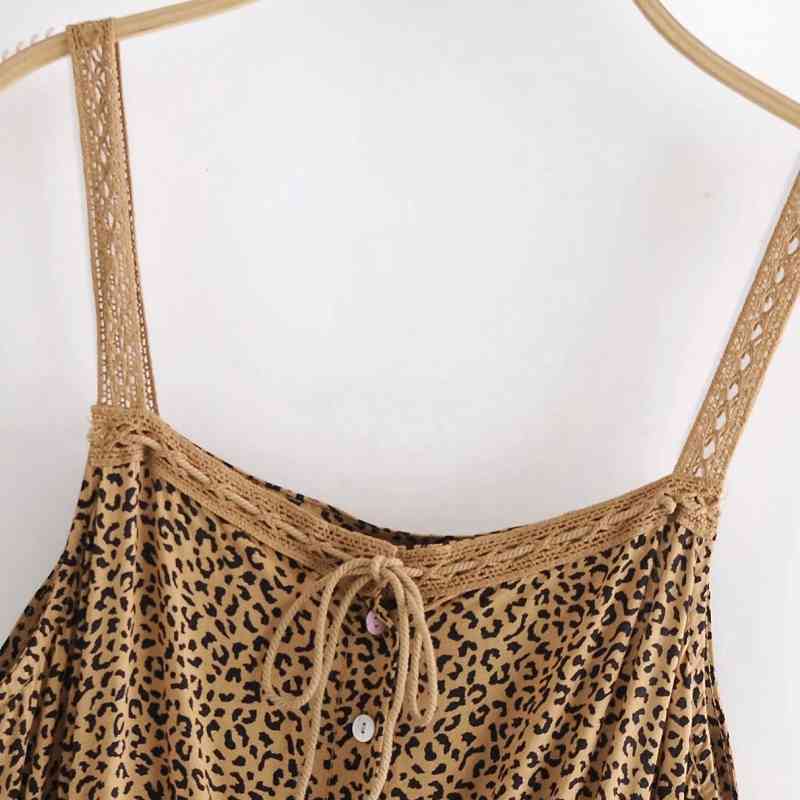 Women Leopard Print Waist Drawstring Lace Splicing Suspender Dress Female Sleeveless Clothes Casual Lady Loose Vestido D7388 210430