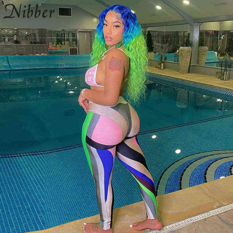 Nibber Neon Color Blocking Women Leggings High Waist Stretchy Skinny Striped Fitness Pants Match Female Streetwear Slim Deal 211204