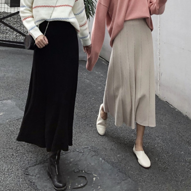 Nomikuma Autumn Winter New Knitted Women Skirts Korean Solid High Waist A-line Skirts Fashion Causal Faldas Verano 6C598 210427