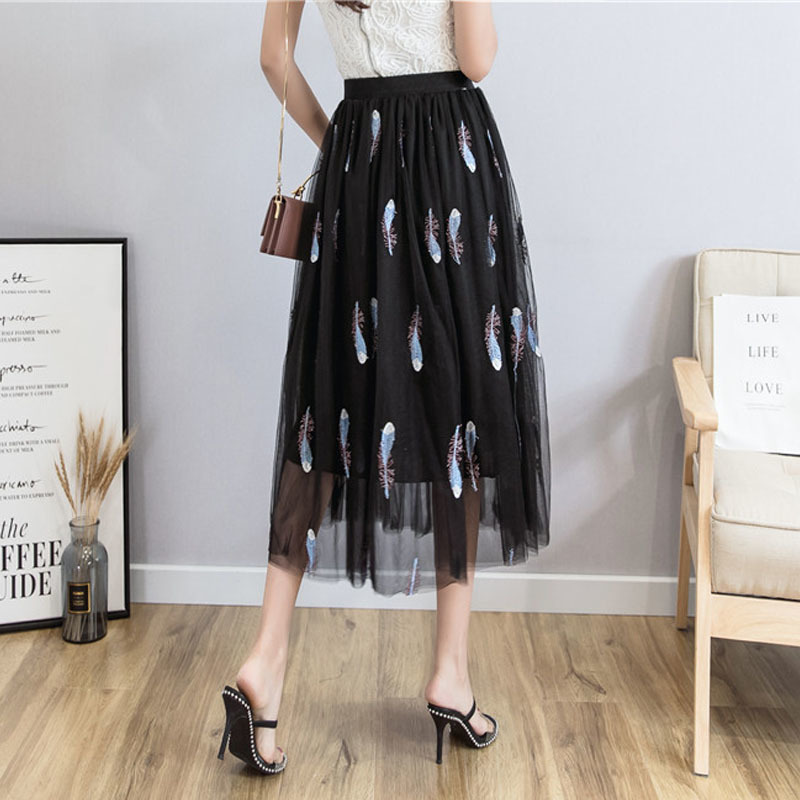 Spring and Summer Elegant Sweat Fairy Tulle Tutu Skirt Black Midi-skirt Korean Lace Embroidery Feathers Skirts 9588 210427