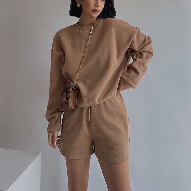 Women High Quality Hoodies Tracksuits 2 Piece Set Summer Autumn Sweatshirt + Sporting Shorts Outfit Solid Pants Suit 211105