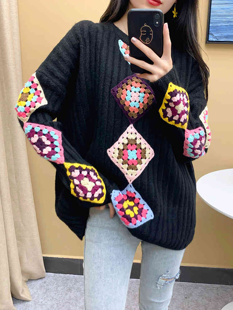 Retro Women Oversized Sweater Spring Argyle Embroidery O Neck Loose Handmade Hook Flower Pullovers Tops C-146 210522