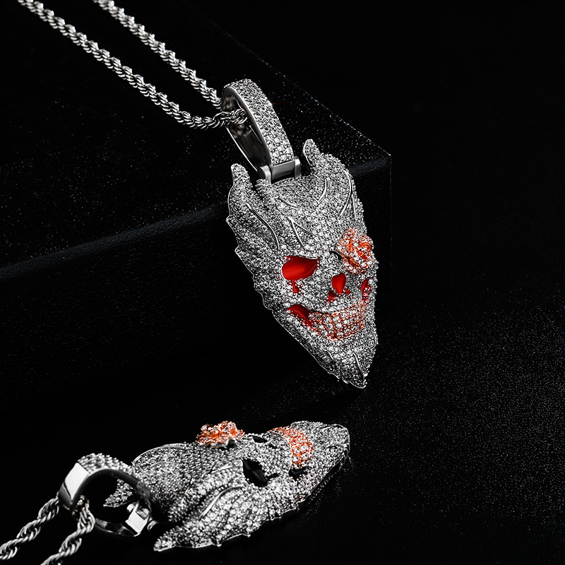 Hip Hop Vintage Pendant Necklace Shining Zirconia 14K Gold Plated Cool Men Gift with Twisted Rope Chain