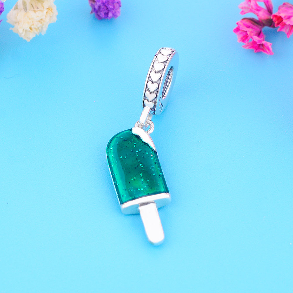 Fit Original Pan Charm Bracelet 925 Sterling Silver Summer Green Enamel Ice Cream Zircon Crystal Bead Pendant Women For Making Berloque DIY