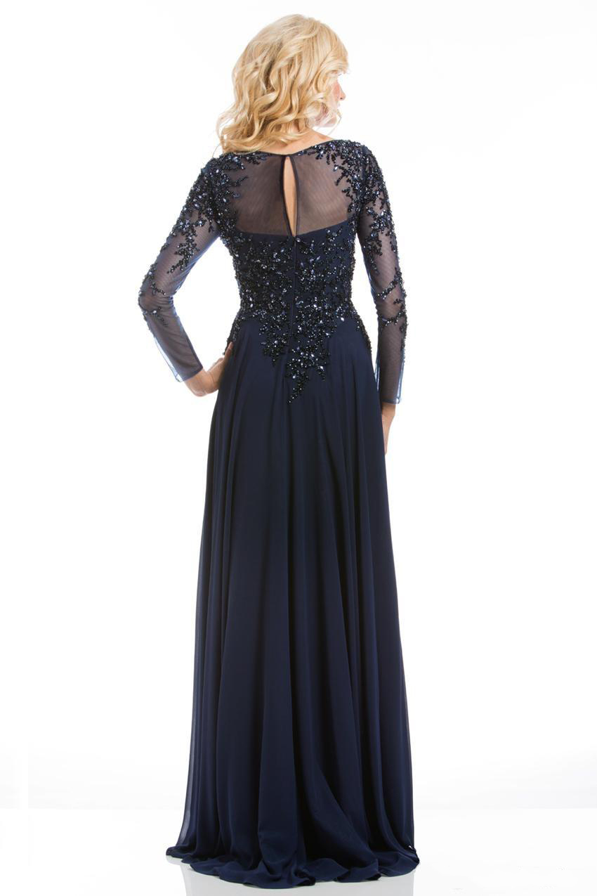 Top Selling Elegant Navy Blue Mother of The Bride Dresses Chiffon See-Through Long Sleeve Sheer Neck Appliques Sequins Evening Dress