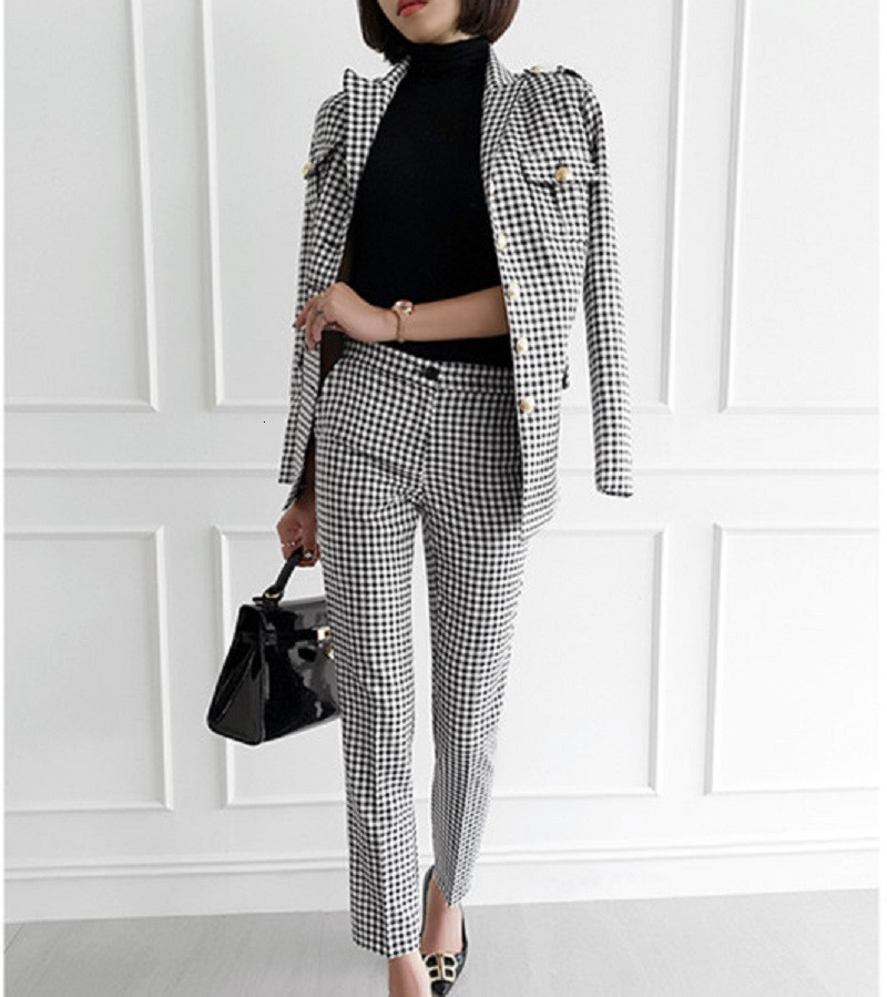 Comelsexy Fashion Women's Sets Two-piece Korean Style Temperament Plaid Suit Jacket Casual Pants Two Pieces Female 210515