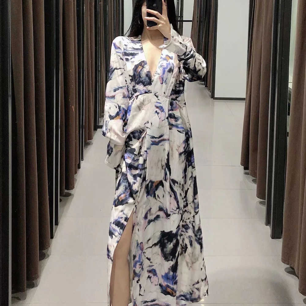 Women Dress Printed V-neck Elegant Fashion Casual Midi Woman Dresses Femme Robe Ropa Mujer Vestidos 210709