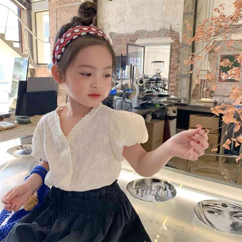 Girls' fresh and sweet lace puff sleeve shirt summer children's baby all-match short-sleeved doll P4545 210622